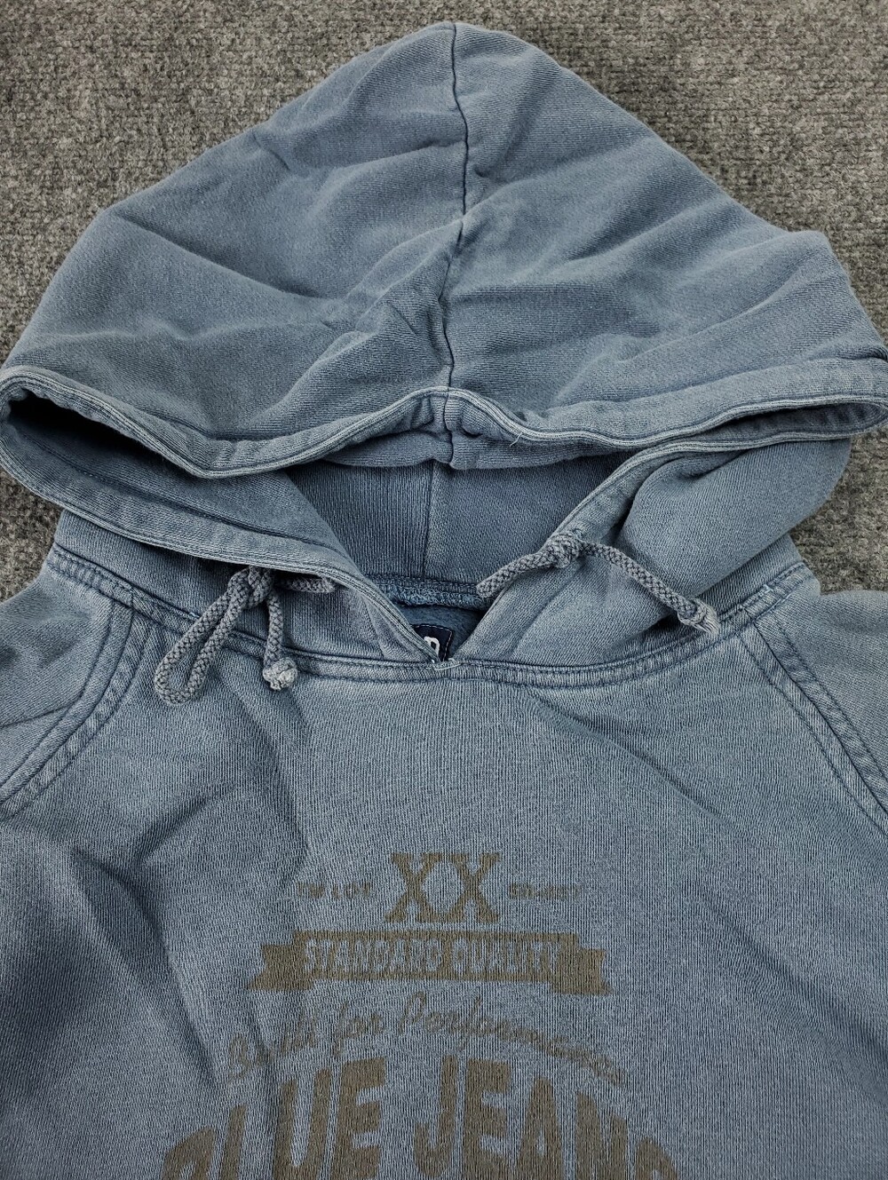 Vintage 90s Gap Hoodie Mens Large Blue Jeans Graphic Faded Pullover Sweatshirt - Picture 5 of 8
